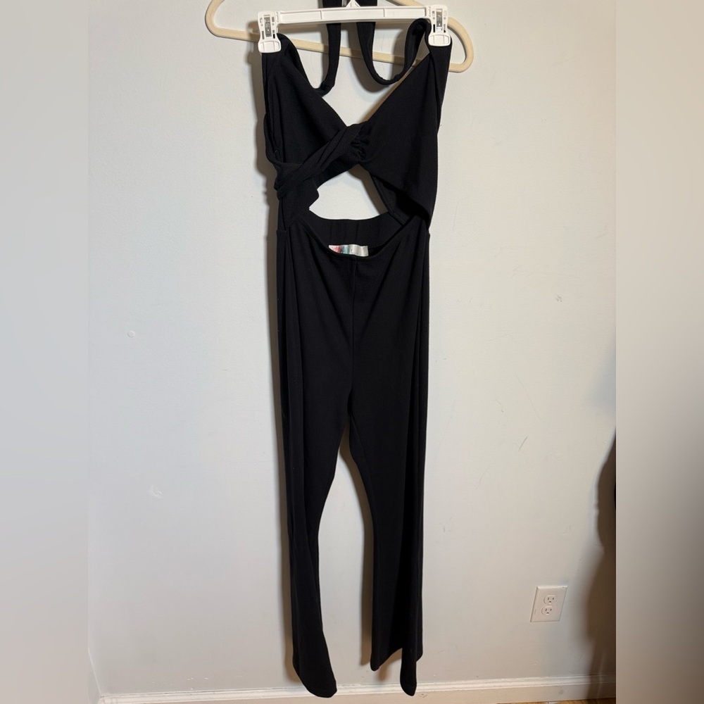 Free People Beach Black Cutout Jumpsuit Flare Pants Open Back Resort Night Out S